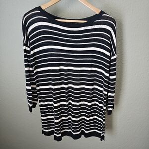 Talbots Linen Blend Lightweight Striped Blue White Perforated Knit Sweater Sz M